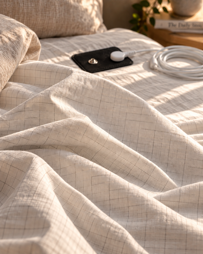 New Mind grounding bedsheet laid across a bed for grounded sleep