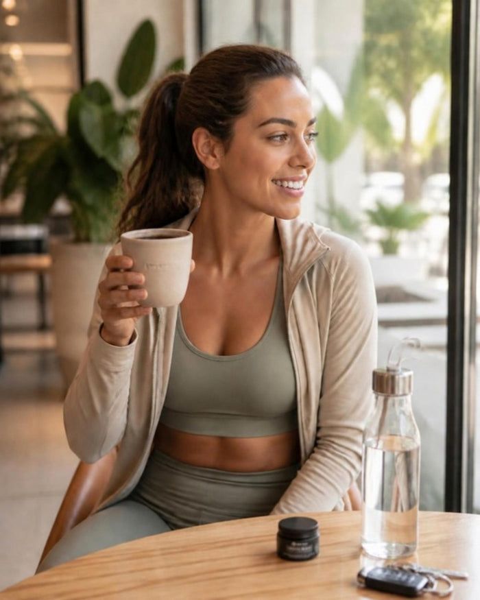 Woman in gym clothes at a Dubai café holding a NEW MIND ceramic cup, with a small Crystal Black jar on the table