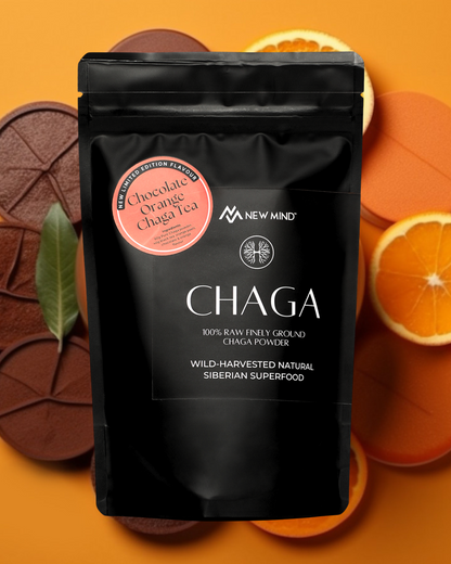 Packaging of Chocolate Orange Chaga Tea with visual elements of chocolate pieces and orange slices, indicating the flavors of the tea.