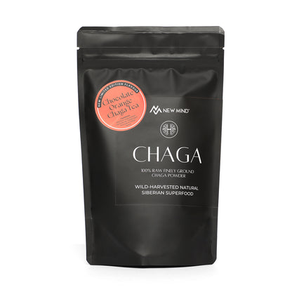A bag of NEW MIND Chocolate Orange Chaga Tea on a white background.