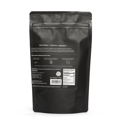 Back of the NEW MIND Chocolate Orange Chaga Tea bag showing brewing instructions and nutrition facts.