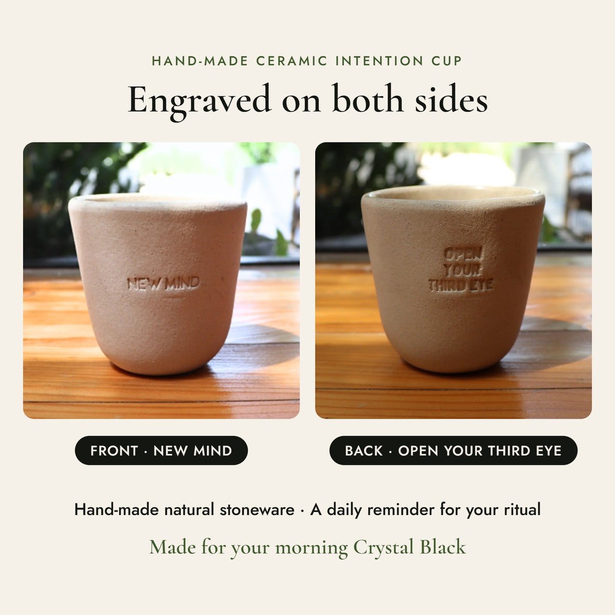 Hand-made NEW MIND ceramic intention cup, engraved NEW MIND on the front and Open Your Third Eye on the back