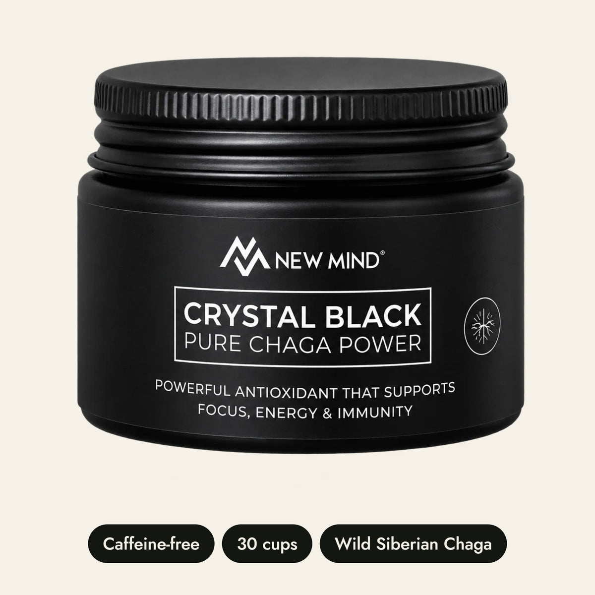 New Mind Crystal Black Chaga Extract jar: caffeine-free, 30 cups, wild Siberian Chaga