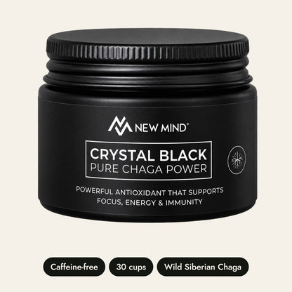 New Mind Crystal Black Chaga Extract jar: caffeine-free, 30 cups, wild Siberian Chaga