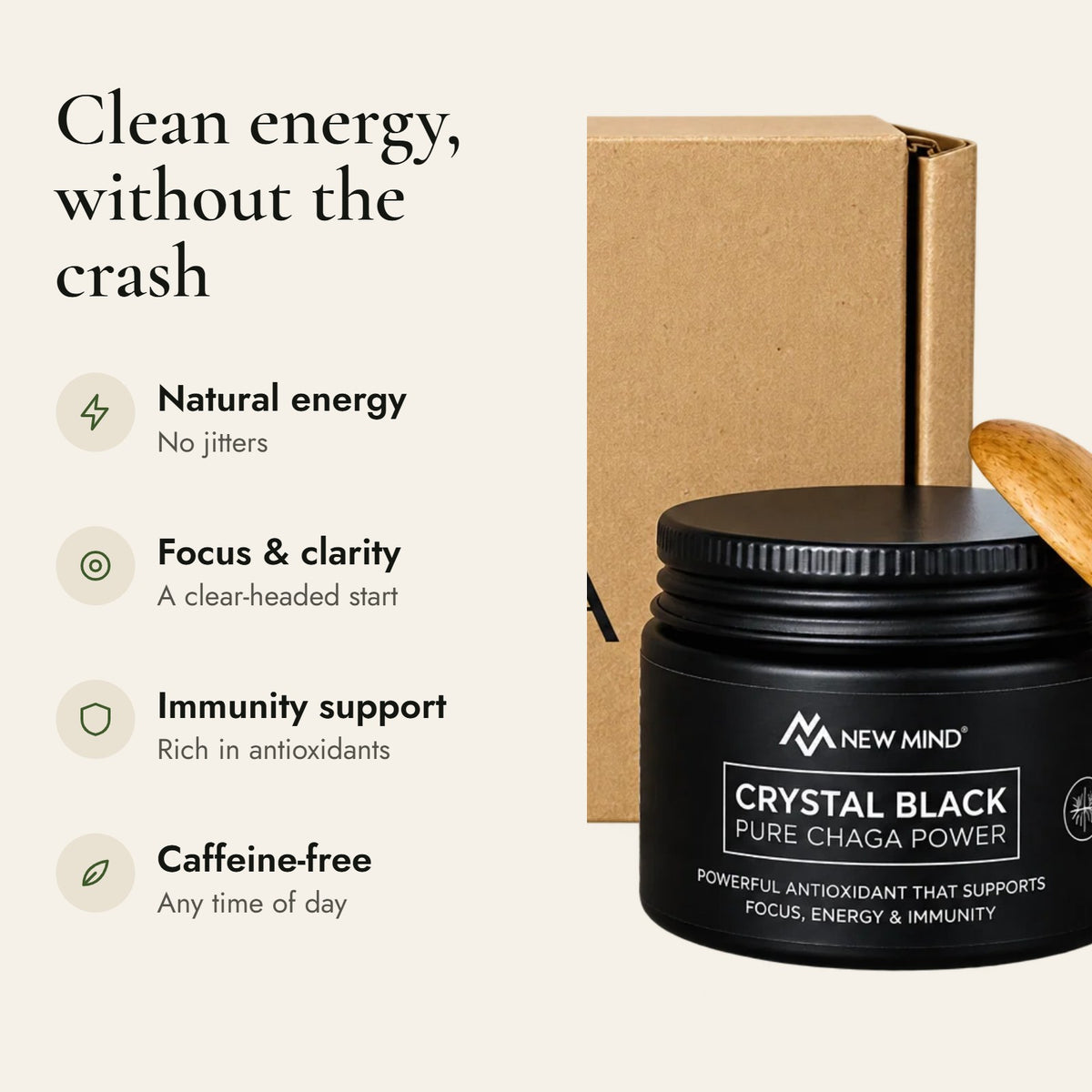 Crystal Black Chaga benefits: natural energy, focus and clarity, immunity support, caffeine-free