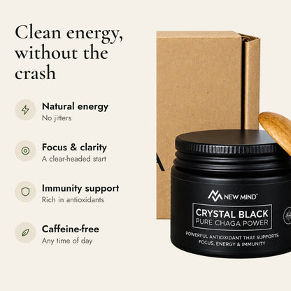 Crystal Black Chaga benefits: natural energy, focus and clarity, immunity support, caffeine-free