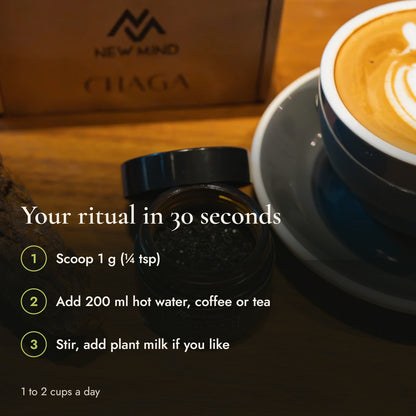 How to use Crystal Black Chaga: scoop 1 g, add 200 ml hot water, coffee or tea, stir