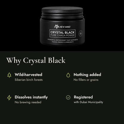 Why Crystal Black: wild-harvested, nothing added, dissolves instantly, registered with Dubai Municipality
