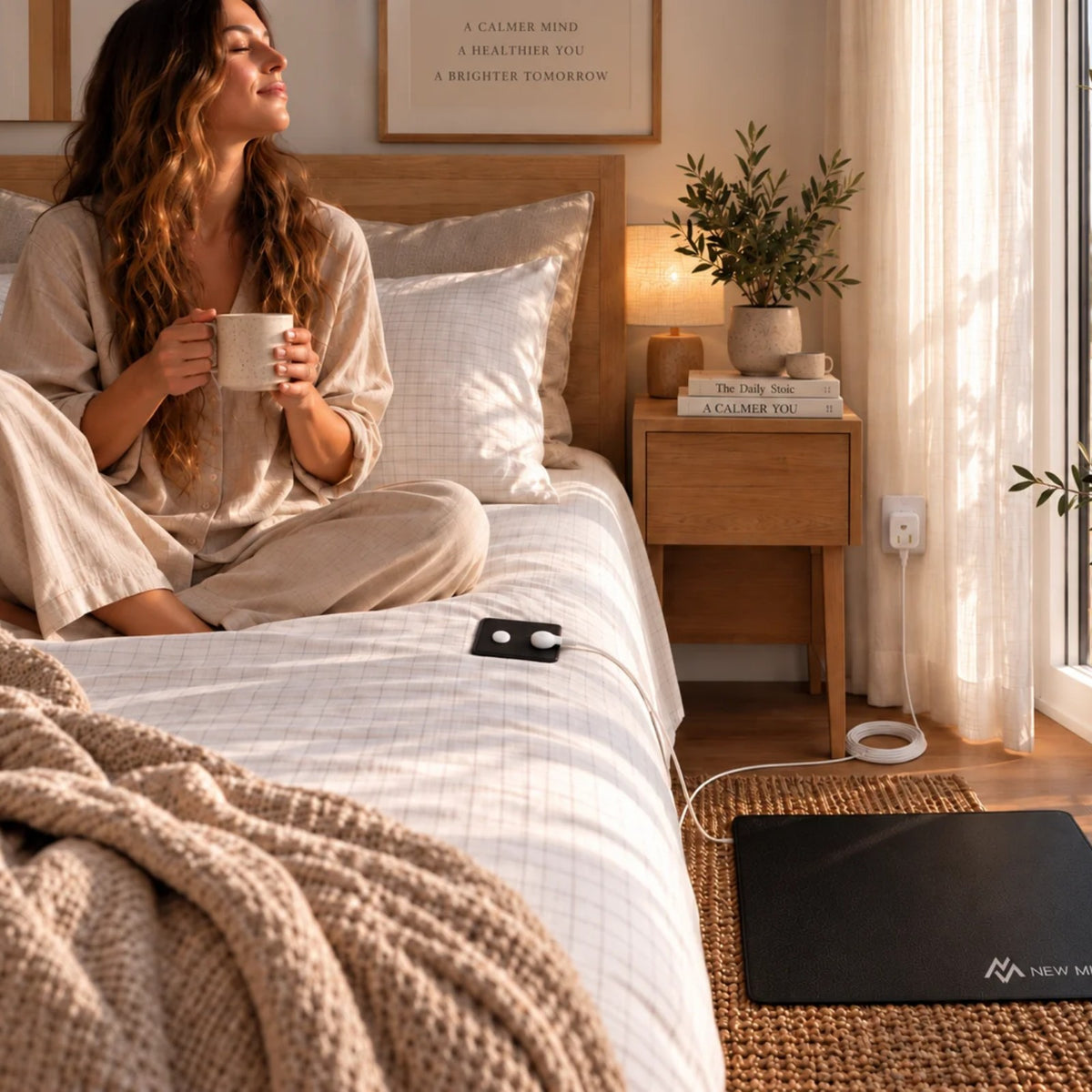 Woman with a morning coffee on a bed with the grounding bedsheet