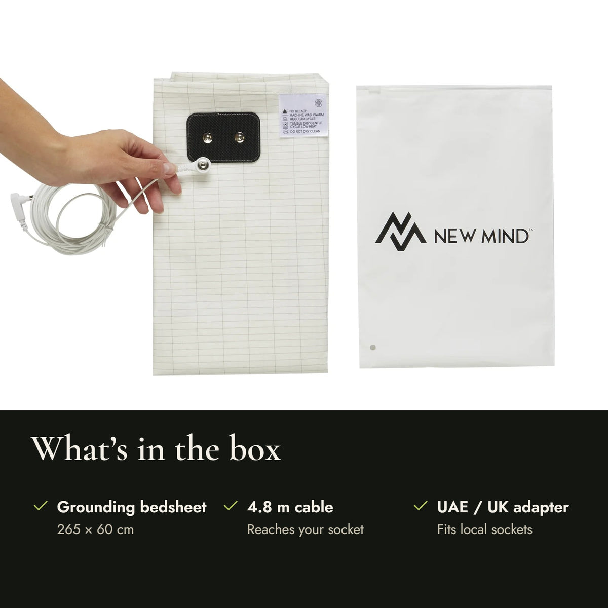 What's in the box: grounding bedsheet, 4.8 m cable, UAE/UK adapter