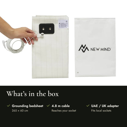 What's in the box: grounding bedsheet, 4.8 m cable, UAE/UK adapter