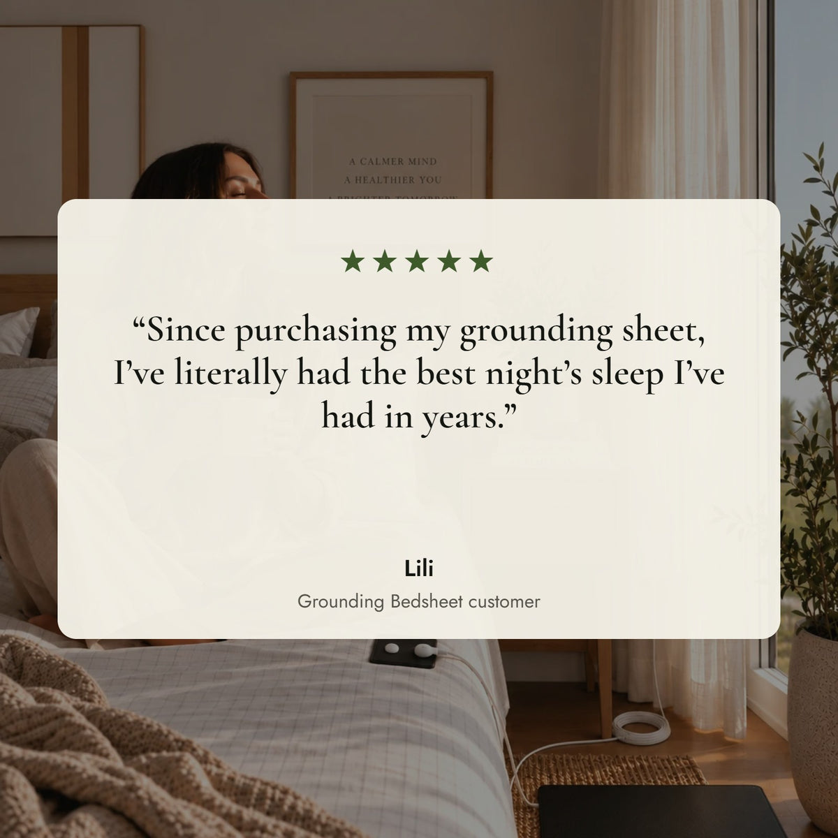 Five-star customer review of the New Mind grounding bedsheet