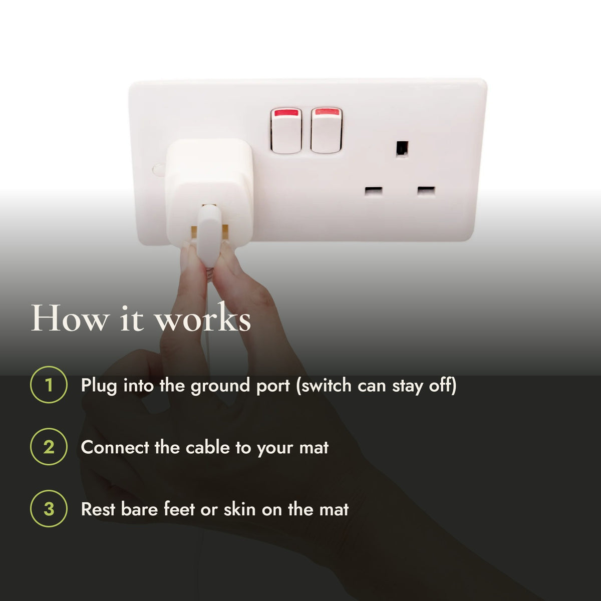 How the grounding mat works: plug into the ground port, connect the cable, rest bare feet on the mat
