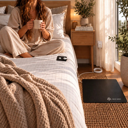 Grounding mat beside the bed in a sunlit bedroom