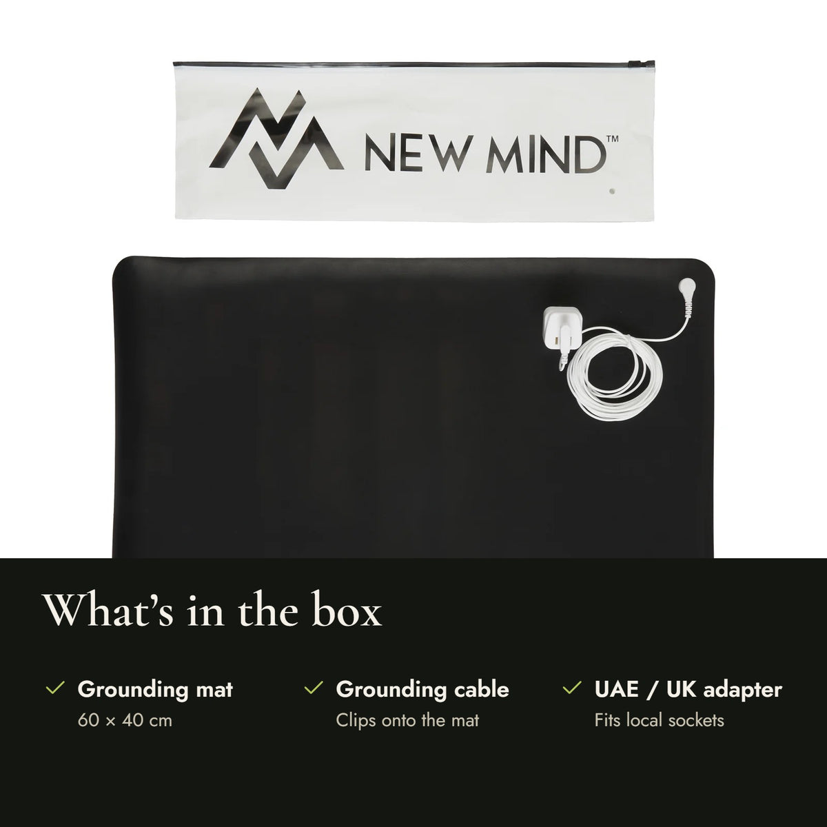 What's in the box: grounding mat, grounding cable, UAE/UK adapter