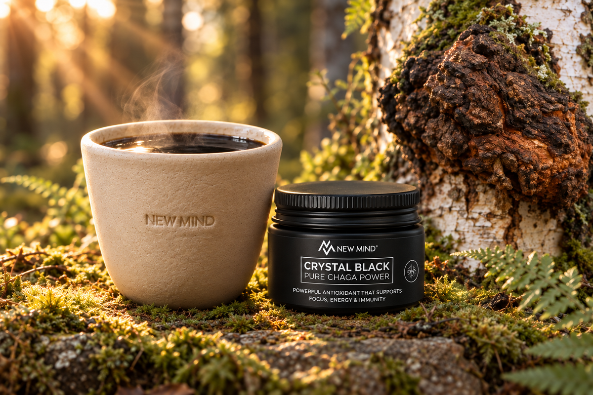 NEW MIND Crystal Black Chaga jar beside a beige NEW MIND ceramic cup of hot black chaga drink on moss, with wild chaga on a birch tree in a golden forest